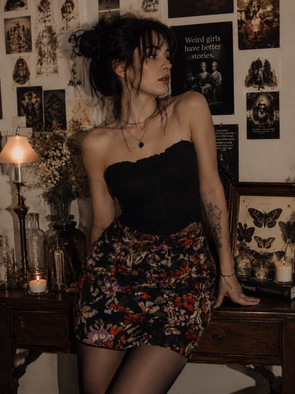 Zara Floral Draped Mini Skirt NWT Medium Black Ruched High Waist